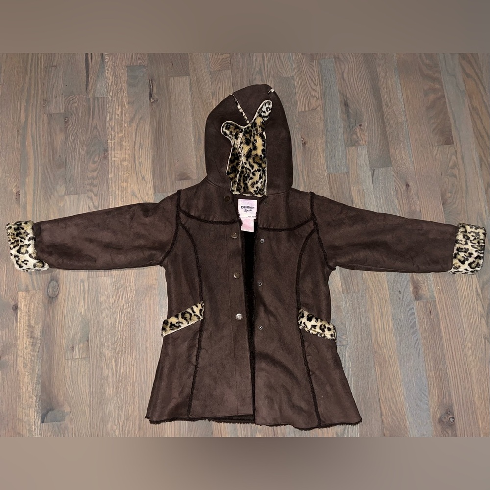 Vintage OshKosh B’gosh Brown Faux Suede Coat Leopard Hood Girls Jacket
